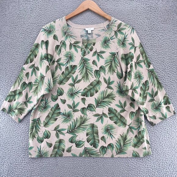 J Jill Sweater Women Large Green Fern Floral 3/4 Raglan Sleeve Crewneck Pullover - Picture 1 of 11
